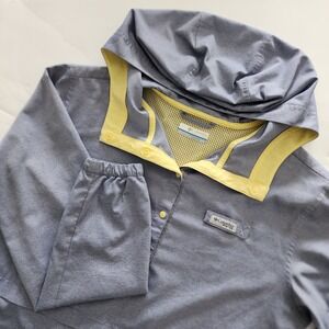 Columbia PFG‎ blue windbreaker yellow trim vented pockets hooded womens size S